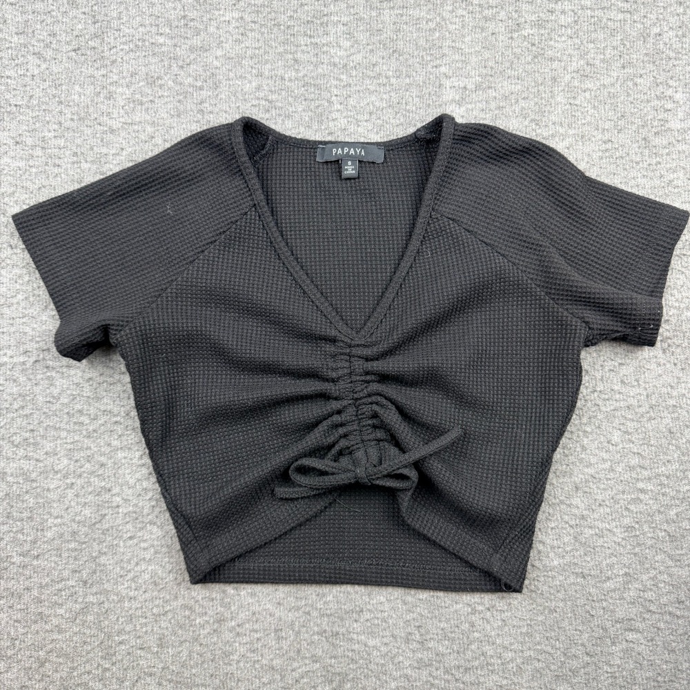 Papaya Black Women's S Small Waffle Knit Ruched Front Crop Top GT0044
